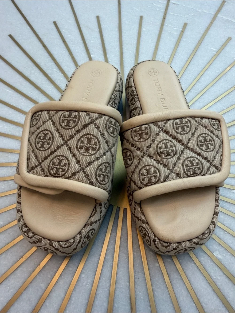 Tory Burch Beige Logo Platform Slide Sandals with Signature Monogram